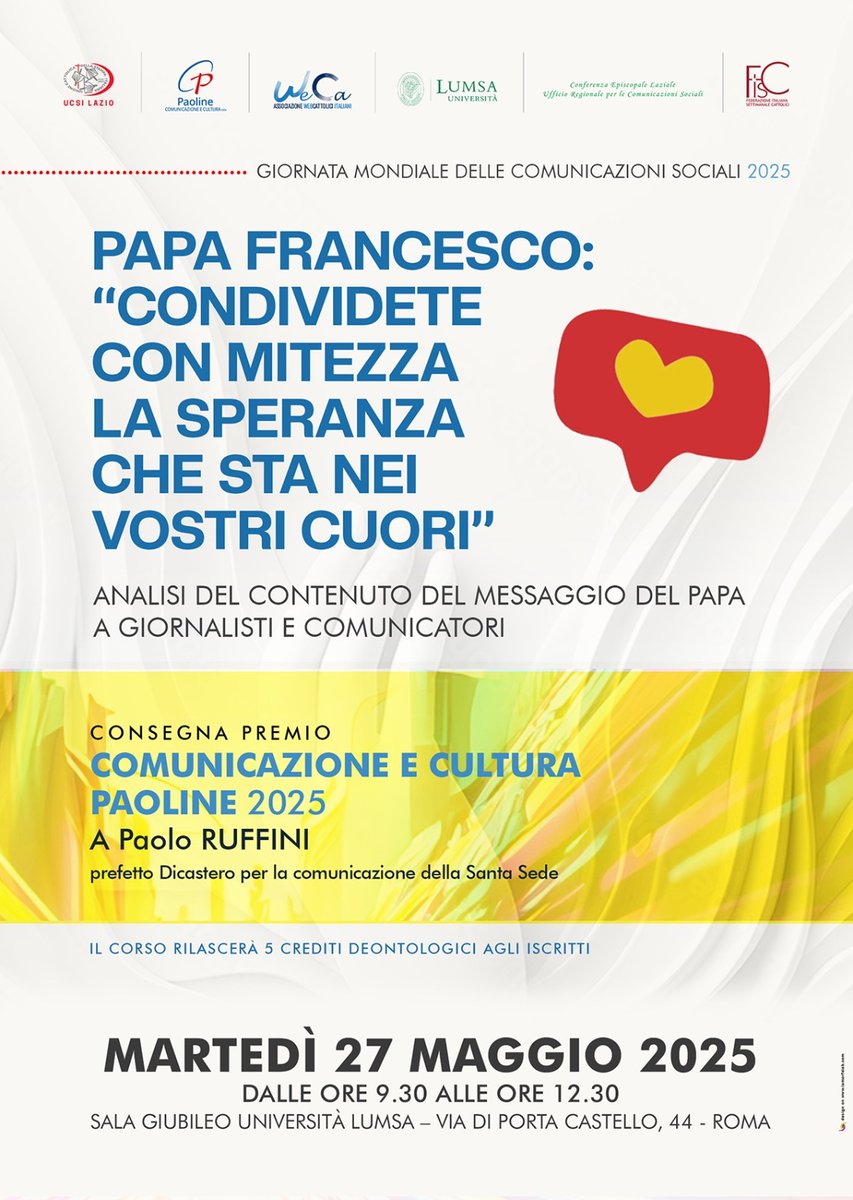 Domani all'<a href="/UniLUMSA/">Università LUMSA</a> per riflettere sul Messaggio del #Papa per la Giornata mondiale delle comunicazioni sociali. Durante l'evento sarà consegnato anche il Premio "Comunicazione e cultura" <a href="/paoline_it/">Paoline</a> #comunicazione #giornalisti #formazione #GMCS