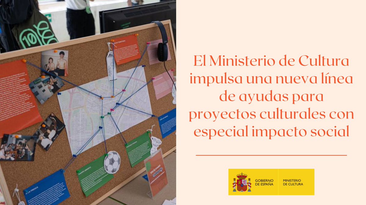 📢Ayudas destinadas a proyectos culturales con especial impacto social.

🏘️Entidades sin ánimo de lucro y empresas culturales que desarrollen proyectos con impacto social.

💰Entre 10.000 € y 100.000 € por proyecto.

🗓️Hasta el 09 de junio de 2025.

🔗cultura.gob.es/servicios-al-c…