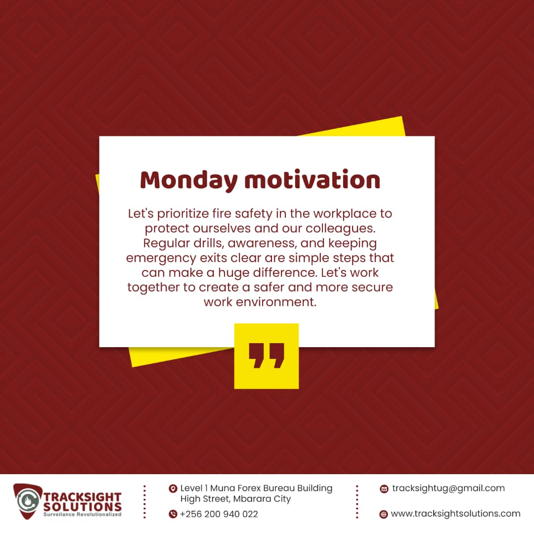 Tracksight1's tweet photo. As we start the week, a safe workplace is productive.
Check that fire extinguishers are in place, exits are clear, and your team knows what to do in case of a fire. Let safety comes first today.#MondayMotivation #FireSafetyUG #TracksightSolutions #WorkplaceSafety  #UgandaBusiness https://t.co/XoKiByja1m