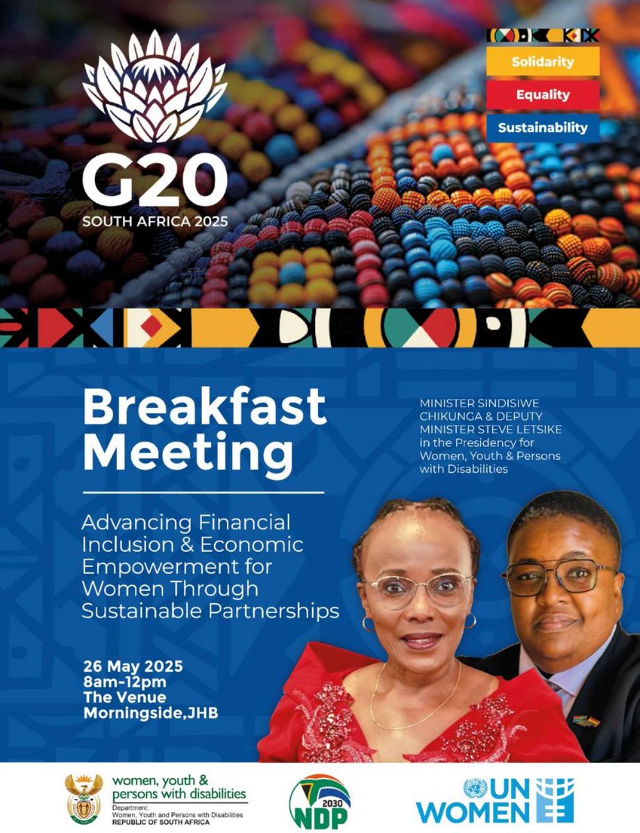 UN Women South Africa MCO (@unwomensa) on Twitter photo We're proud to partner with the <a href="/DWYPD_ZA/">Dept of Women, Youth & Persons with Disabilities</a> for a discussion on building public-private partnerships to support the gender mainstreaming agenda in the #G20, under the theme: 'Advancing Financial Inclusion & Economic Empowerment for Women through Sustaininable Partnerships'. We're proud to partner with the <a href="/DWYPD_ZA/">Dept of Women, Youth & Persons with Disabilities</a> for a discussion on building public-private partnerships to support the gender mainstreaming agenda in the #G20, under the theme: 'Advancing Financial Inclusion & Economic Empowerment for Women through Sustaininable Partnerships'.