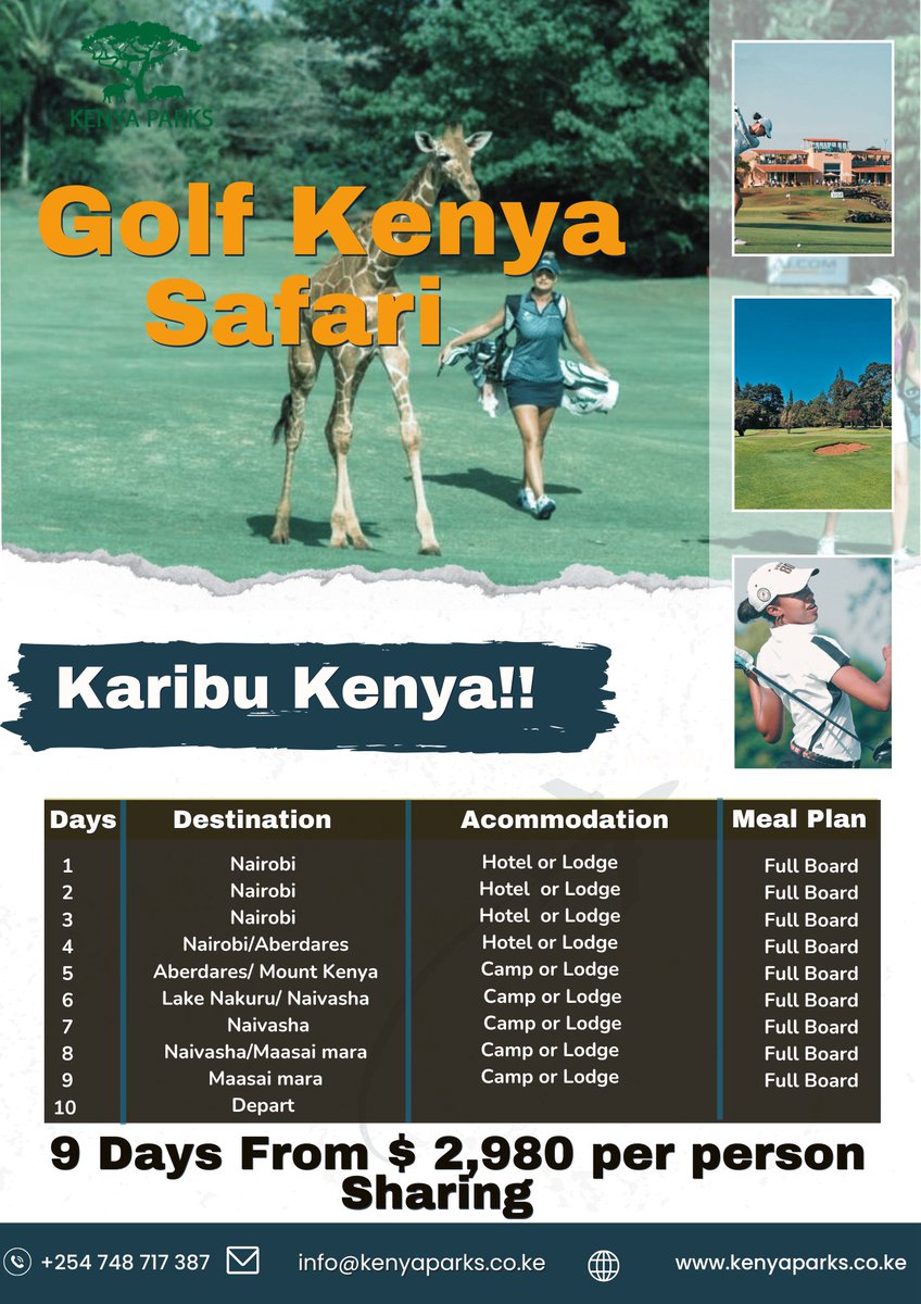 Kenya Parks (@kenyagameparks) on Twitter photo Tee off in the wild!
Enjoy 9 days of golf, wildlife & luxury in Kenya from just $2,980 pp sharing.
🏌️♂️ Nairobi, Aberdares, Naivasha, Maasai Mara
🛌 Full board hotels/lodges
📩 info@kenyaparks.co.ke | 📞 +254 748 717 387
#GolfSafari #KenyaGolf #LuxurySafari #GolfAndTravel Tee off in the wild!
Enjoy 9 days of golf, wildlife & luxury in Kenya from just $2,980 pp sharing.
🏌️♂️ Nairobi, Aberdares, Naivasha, Maasai Mara
🛌 Full board hotels/lodges
📩 info@kenyaparks.co.ke | 📞 +254 748 717 387
#GolfSafari #KenyaGolf #LuxurySafari #GolfAndTravel