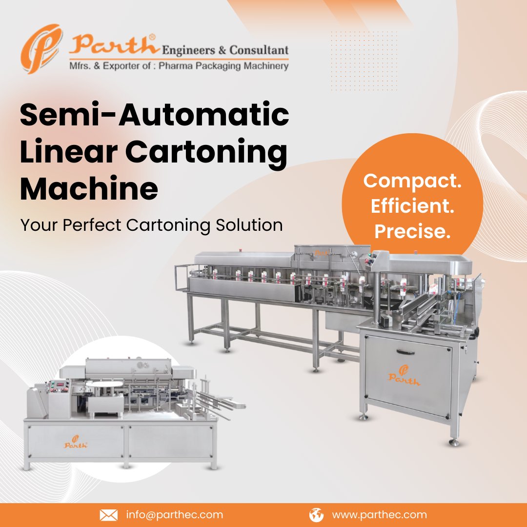 EngineersParth's tweet image. &quot;&quot;Upgrade your packaging with the Semi-Automatic Linear Cartoning Machine! Compact, efficient, and built with stainless steel for precision and reliability
 #Parthec #SleekDesign #AutomaticMachine #PharmaPackaging&quot;