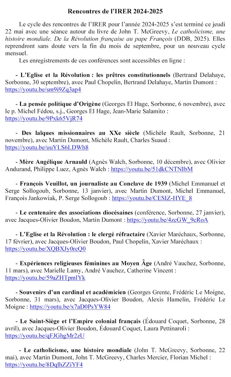👉 Le cycle des rencontres de l'IRER en Sorbonne pour l'année 2024-2025 s'est achevé jeudi dernier. Les enregistrements de ces séances sont accessibles en ligne👇