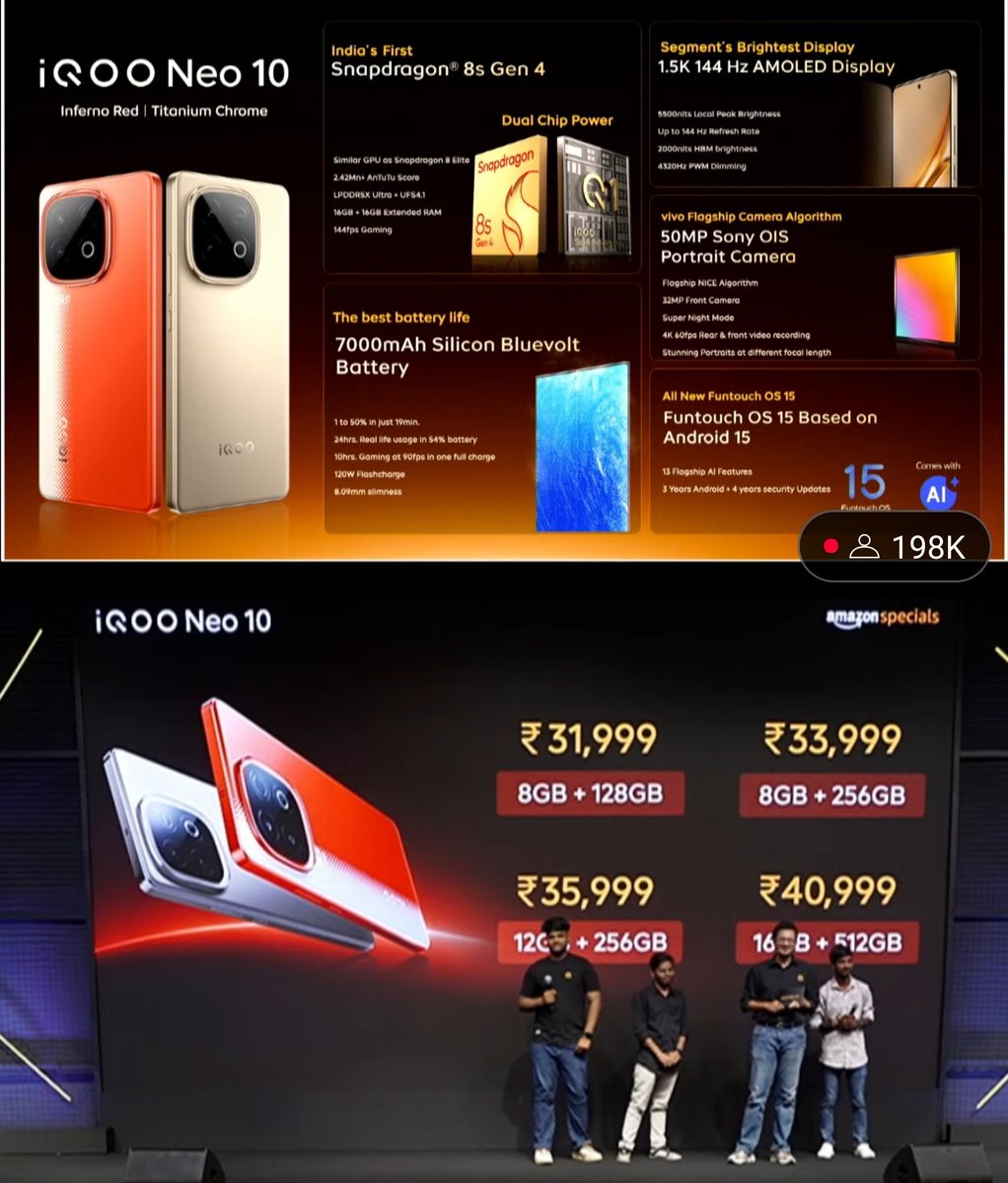 iQOO Neo 10 is launched in India.

Price under 💰 ₹33,999 (8GB+256GB)

Specifications
📱 6.78" 1.5K TCL C9+ OLED display, 120Hz refresh rate, 2000nits HBM, 4320Hz PWM
🔳 Qualcomm Snapdragon 8s Gen 4 chipset
LPDDR5x RAM &amp; UFS 4.1 storage
🎮 Adreno 825 GPU
🍭 Android 15 Funtouch
