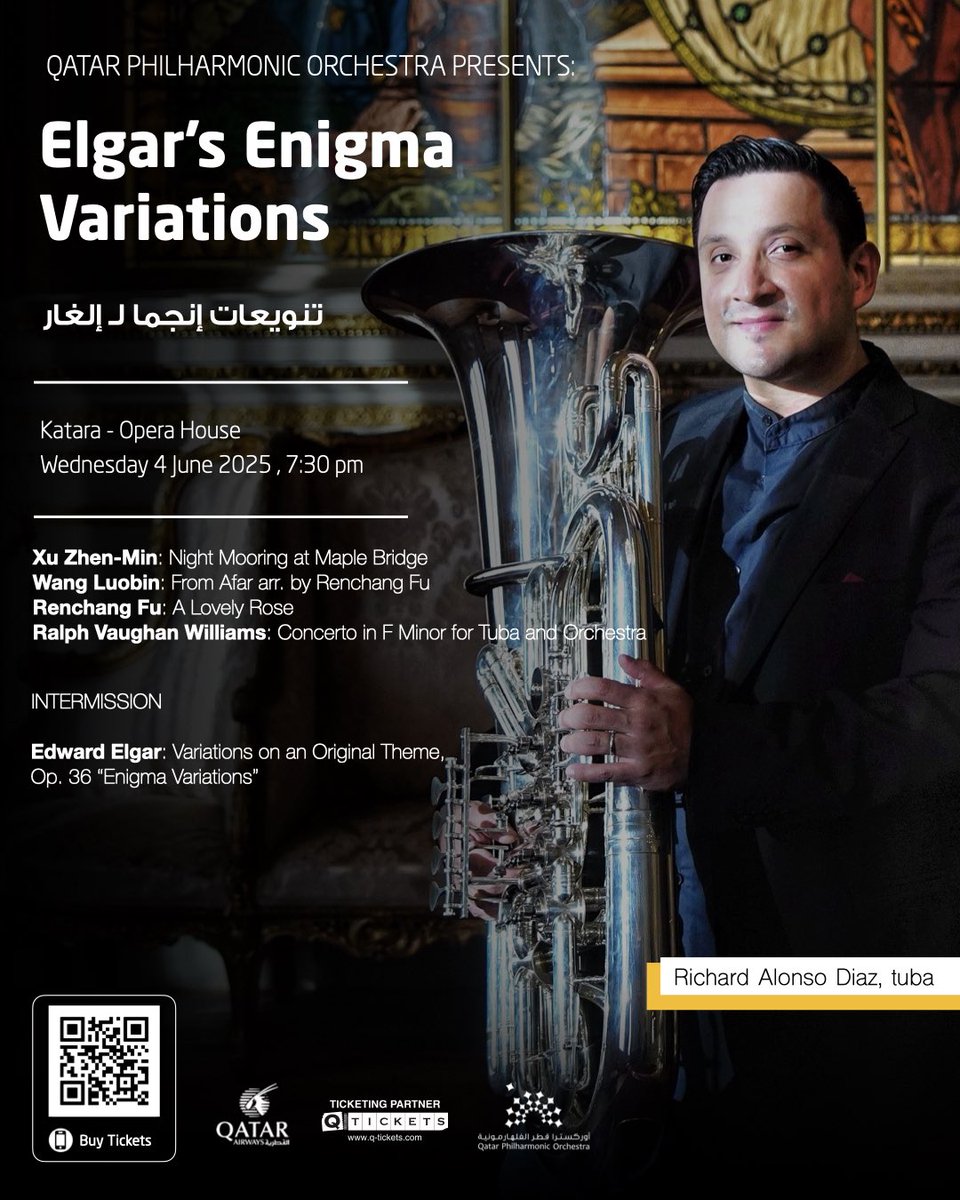 Join the Qatar Philharmonic Orchestra for a richly textured evening of music under the baton of Renchang Fu, featuring Richard Alonso Diaz as tuba soloist in a captivating programme that spans East and West, tradition and innovation.