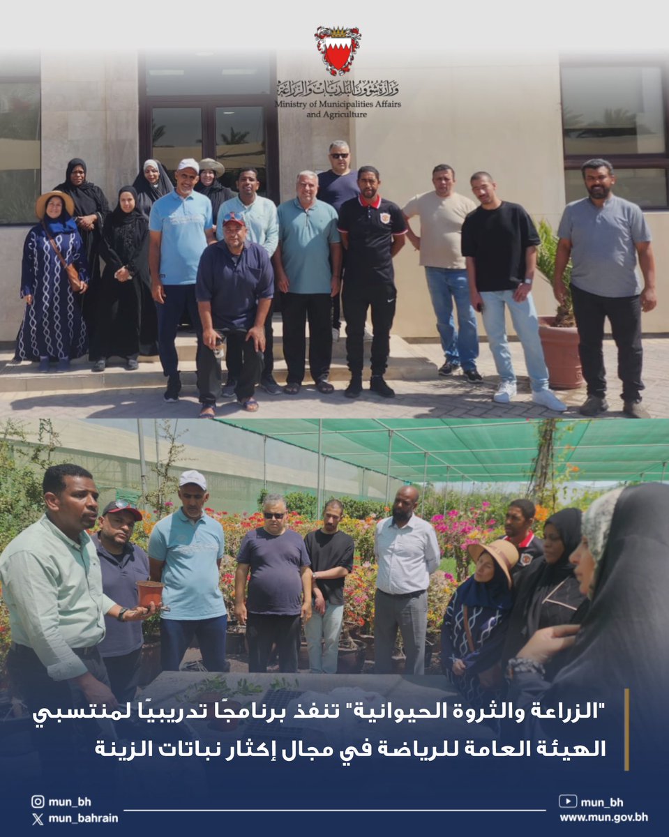 "الزراعة والثروة الحيوانية" تنفذ برنامجًا تدريبيًا لمنتسبي الهيئة العامة للرياضة في مجال إكثار نباتات الزينة
 
#البحرين