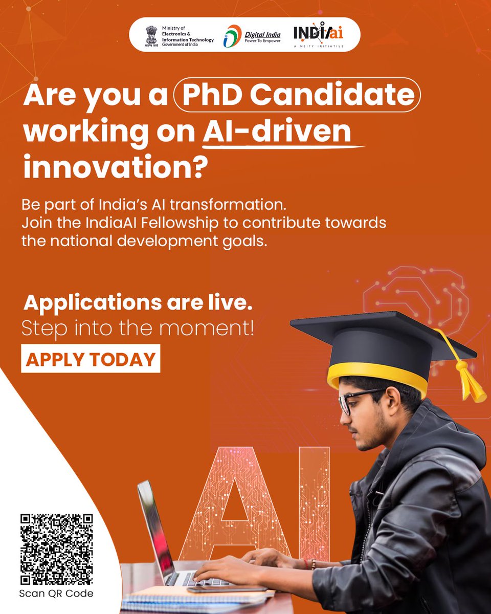 💡 Empower your research,  Expand your impact as Applications are OPEN for the #IndiaAI PhD Fellowship 🇮🇳. If you're a PhD scholar exploring the frontiers of Artificial Intelligence—this fellowship is for YOU.

✨ Highlights:

🎓 ₹38,750/month stipend
🏠 +30% for housing
🧪