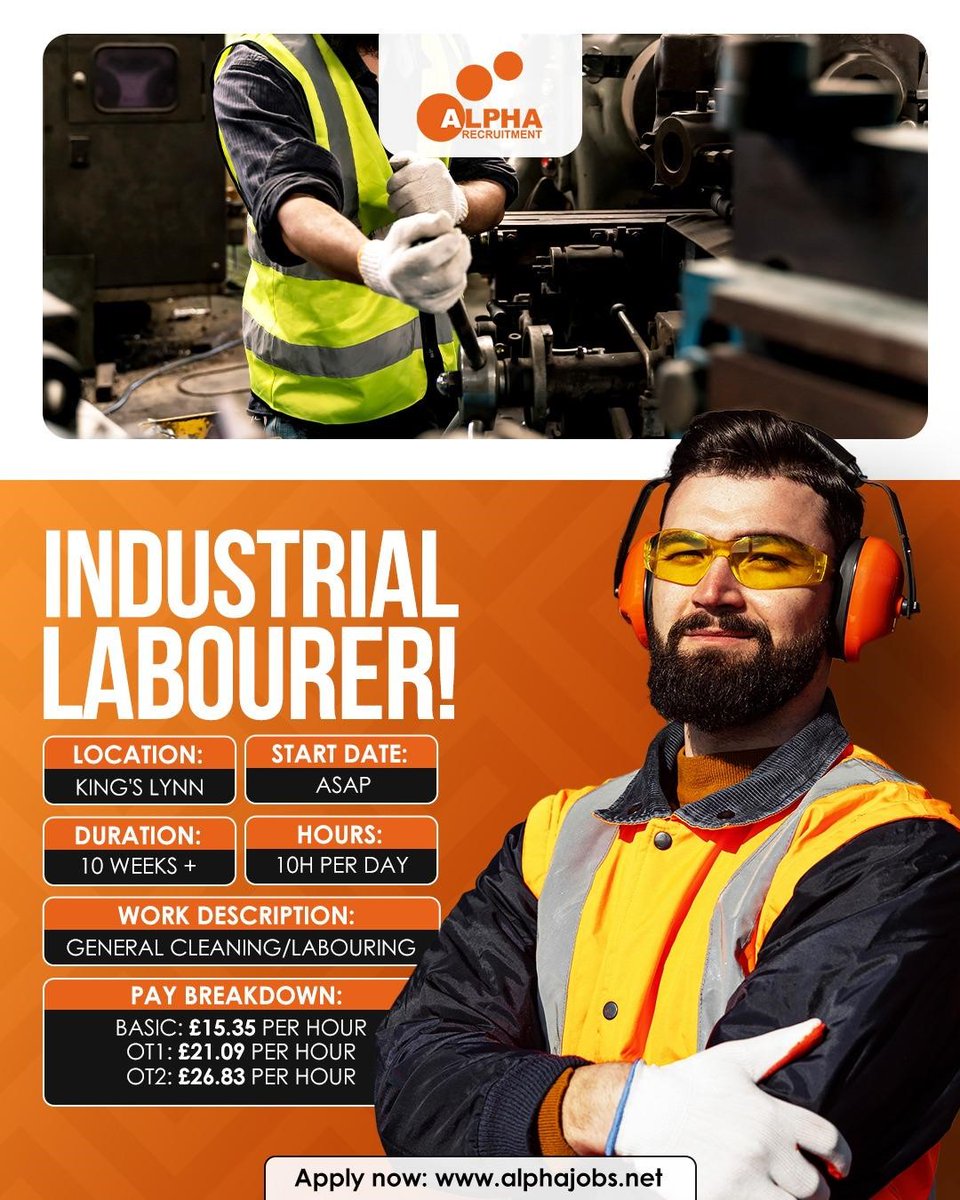 Looking for work as an Industrial Labourer?
 We’re hiring for a general labouring role in King’s Lynn, starting ASAP. 
 
Long hours, excellent rates, and reliable work for the right candidate.

Apply now to get started quickly!
 alphajobs.net/contact-us