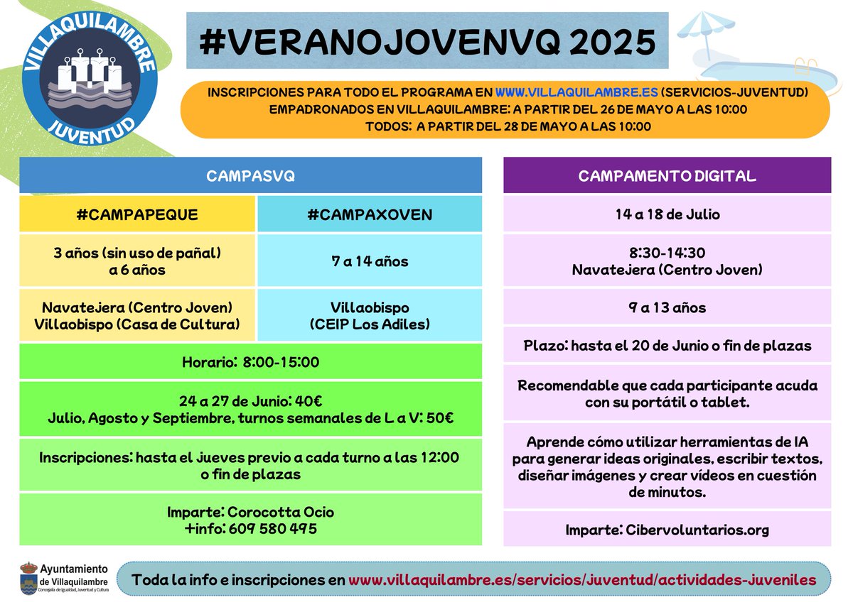 juventudvq's tweet photo. Hoy a las 10:00 abrimos el plazo de inscripción a las actividades del #veranojovenvq 2025 para participantes empadronados y a partir del miércoles a todo el resto del mundo 🏖️ https://t.co/9Fc8PCNxKI https://t.co/1ZXsTRIkL9
