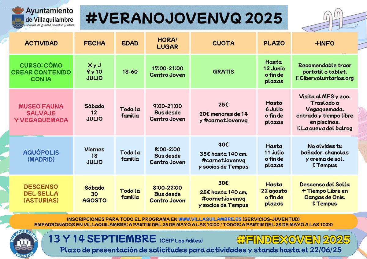 juventudvq's tweet photo. Hoy a las 10:00 abrimos el plazo de inscripción a las actividades del #veranojovenvq 2025 para participantes empadronados y a partir del miércoles a todo el resto del mundo 🏖️ https://t.co/9Fc8PCNxKI https://t.co/1ZXsTRIkL9