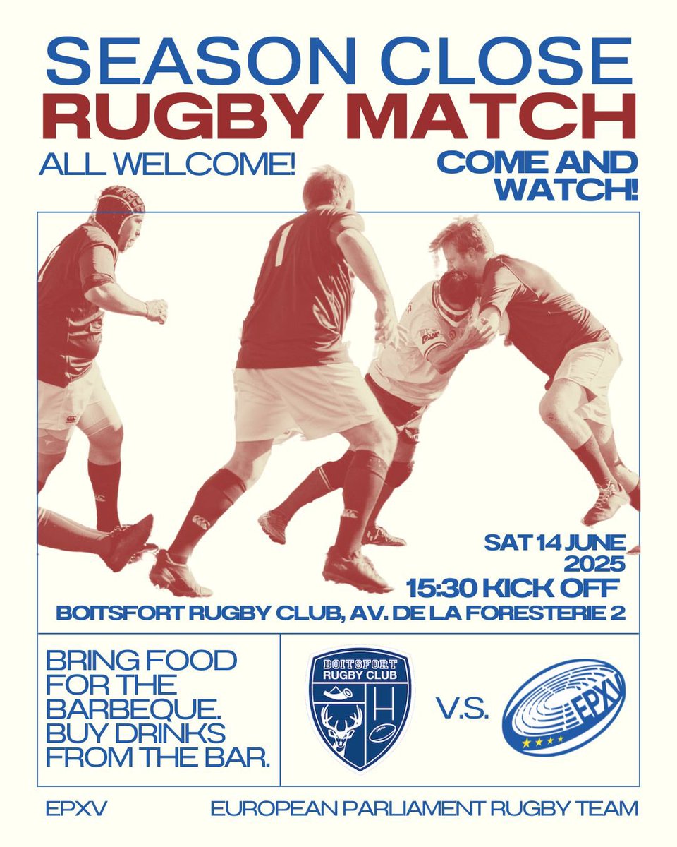 EPXV — European Parliament Rugby Team (@europarl_rugby) on Twitter photo The season is coming to a close, but we have one last match!
Join us for an epic showdown as <a href="/boitsfortrugby/">Boitsfort Rugby Club</a> takes on the European Parliament Rugby Team! 🏟️
📅 Saturday, 14 June 2025
⏰ 15:30 Kick Off
📍 Boitsfort Rugby Club, Av. de la Forêsterie 2
We’ll have the barbecue The season is coming to a close, but we have one last match!
Join us for an epic showdown as <a href="/boitsfortrugby/">Boitsfort Rugby Club</a> takes on the European Parliament Rugby Team! 🏟️
📅 Saturday, 14 June 2025
⏰ 15:30 Kick Off
📍 Boitsfort Rugby Club, Av. de la Forêsterie 2
We’ll have the barbecue