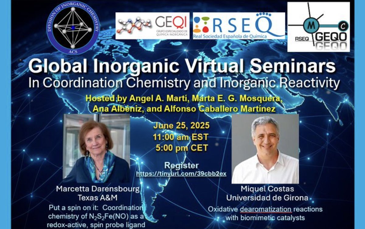 RSEQ (@rsequimica) on Twitter photo 🌍Join the first RSEQ–<a href="/AmerChemSociety/">American Chemical Society</a> Global Webinar on June 25 at 17:00 CEST!
Speakers:
🧪 M. Darensbourg (<a href="/TAMU/">Texas A&M University</a> )
🧪 M. Costas (<a href="/univgirona/">Universitat de Girona</a>)
📝 Register: tinyurl.com/39cbb2ex
#RSEQ #ACS #GlobalWebinar #Chemistry 🌍Join the first RSEQ–<a href="/AmerChemSociety/">American Chemical Society</a> Global Webinar on June 25 at 17:00 CEST!
Speakers:
🧪 M. Darensbourg (<a href="/TAMU/">Texas A&M University</a> )
🧪 M. Costas (<a href="/univgirona/">Universitat de Girona</a>)
📝 Register: tinyurl.com/39cbb2ex
#RSEQ #ACS #GlobalWebinar #Chemistry