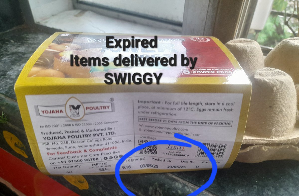 Do not order from <a href="/SwiggyInstamart/">Instamart</a> <a href="/Swiggy/">Swiggy Food</a> they delivered Expired Eggs. This portal are utilised to deliver expired or near expiry goods to consumer <a href="/MoHFW_INDIA/">Ministry of Health</a> should take strict action against such culprits <a href="/SwiggyCares/">Swiggy Cares</a> <a href="/Instamartvictim/">Instamart Victim</a>