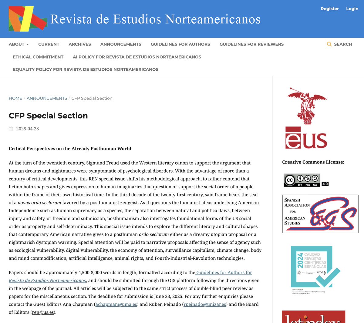 📢📝 Call for Papers – Revista de Estudios Norteamericanos 2025 special section on "Critical Perspectives on the Already Posthuman World" co-edited by Ana Chapman and Rubén Peinado.

ℹ️ Check all the the info at revistascientificas.us.es/index.php/ESTU…