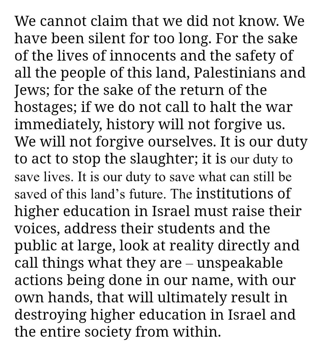 (1/2) Mehr als 1100 israelische Kollegen fordern die Universitätsleitungen des Landes auf, "das gesamte Gewicht der israelischen Wissenschaft zu mobilisieren, um den israelischen Krieg in #Gaza zu stoppen", und bezeugen "eine entsetzliche Reihe von Kriegsverbrechen und sogar