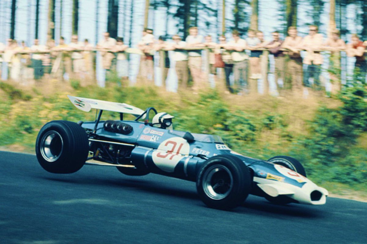Remembering Pete Westbury, ’63 &amp; ’64 British hillclimb champ, born #OnThisDay in ’38. In ’63 he drove a self-built Felday, &amp; in ’64 a 4wd Ferguson. He finished 5th in the ’71 #TargaFlorio in a Lola shared with Mike Parkes. Pic: he drove one GP, Nürburgring ’69, in an #F2 Brabham.