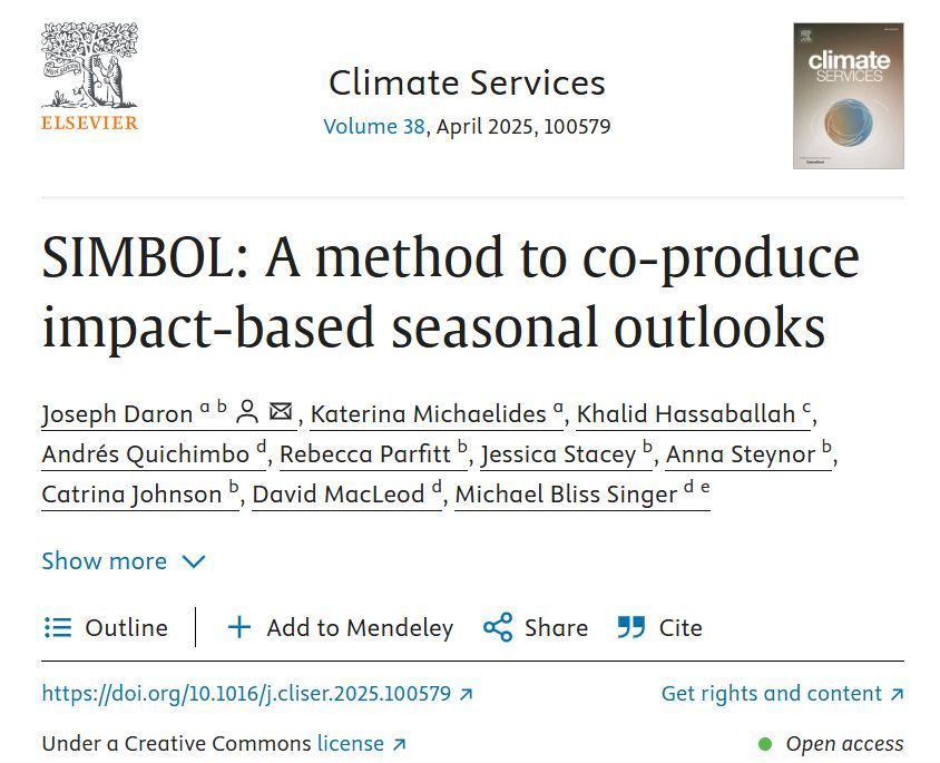 New Publication Alert!
I'm thrilled to share our latest article published in Climate Services, introducing a novel method for co-producing impact-based seasonal outlooks - the SIMBOL (Seasonal IMpact-Based Outlook) method.
Article access is from this link:
lnkd.in/dDtVE9TY