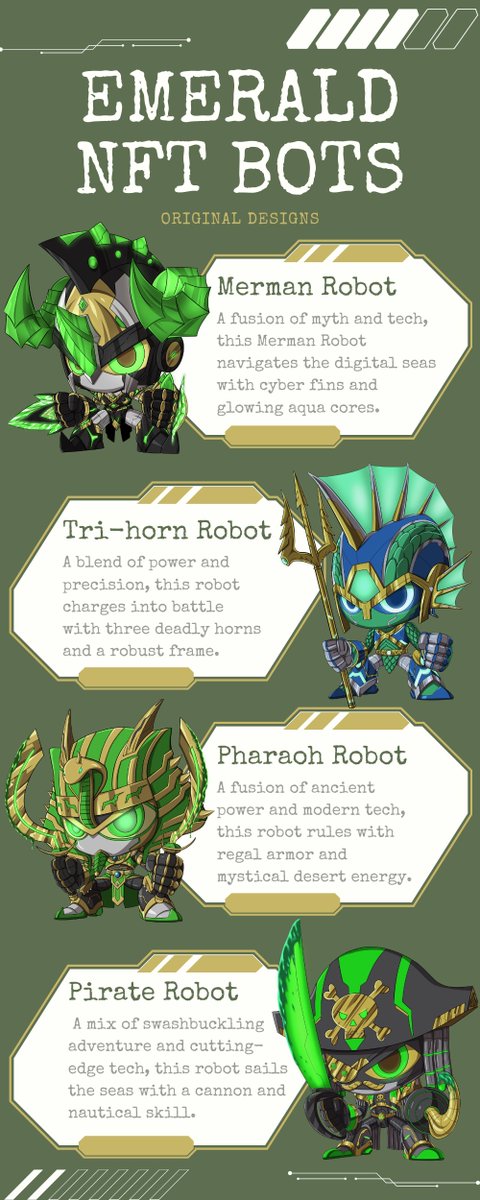 Hi everyone 💖 I'm Sieg, new to VGen!
Just finished my Emerald NFT Bots entry for the #VGenChallenge 💚
Inspired by the color emerald + featuring Merman, Tri-Horn, Pharaoh &amp; Pirate bots 🤖

Help me get a VGen code with:
❖ 20+ RTs
❖ 100+ likes 
#ArtistOnX  #VGenCode #VGen