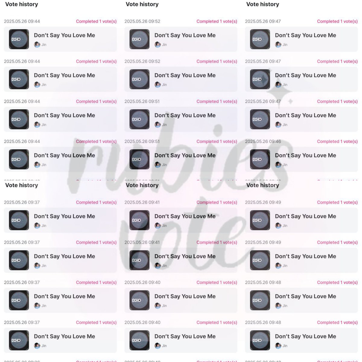 RT DEAL COMPLETED ✅
MNET - PRE-VOTE MCOUNTDOWN

Congratulations #JIN ⋆୨୧˚
✿ 30 Votes

Thank you for participating ❣
#Rubiesvote_Giveaway
#Rubiesvote_RTdeal