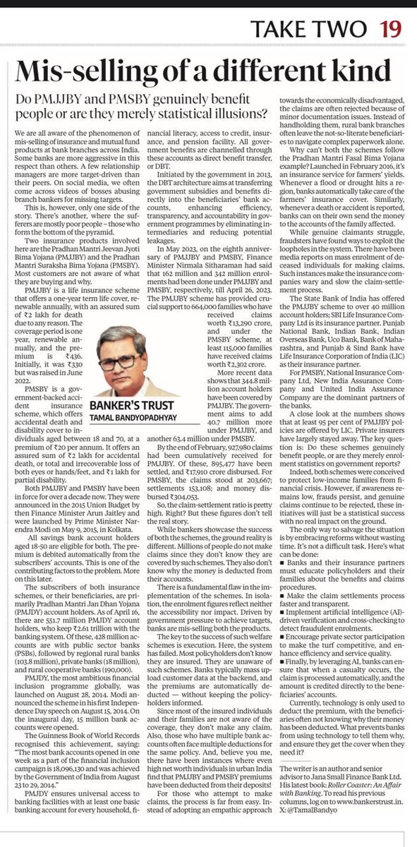 Tamal Bandyopadhyay (@tamalbandyo) on Twitter photo Millions of people at the bottom of the pyramid are “insured” under #PMJJBY & #PMSBY. Both schemes are great success. Really? Could be statistical illusion. Ground reality tells another story. Latest #BankersTrust in <a href="/bsindia/">Business Standard</a> Millions of people at the bottom of the pyramid are “insured” under #PMJJBY & #PMSBY. Both schemes are great success. Really? Could be statistical illusion. Ground reality tells another story. Latest #BankersTrust in <a href="/bsindia/">Business Standard</a>