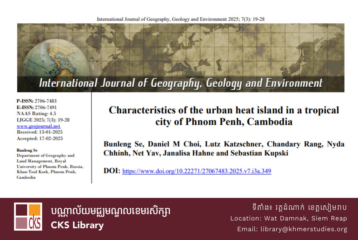 Phnom Penh's Urban Heat Island study by Bunleng Se et al. explores UHI intensity, ventilation, and temp-wind links. Vital for sustainable cities. Discover key findings at the #CKS Online Library: library.khmerstudies.org/cgi-bin/koha/o…