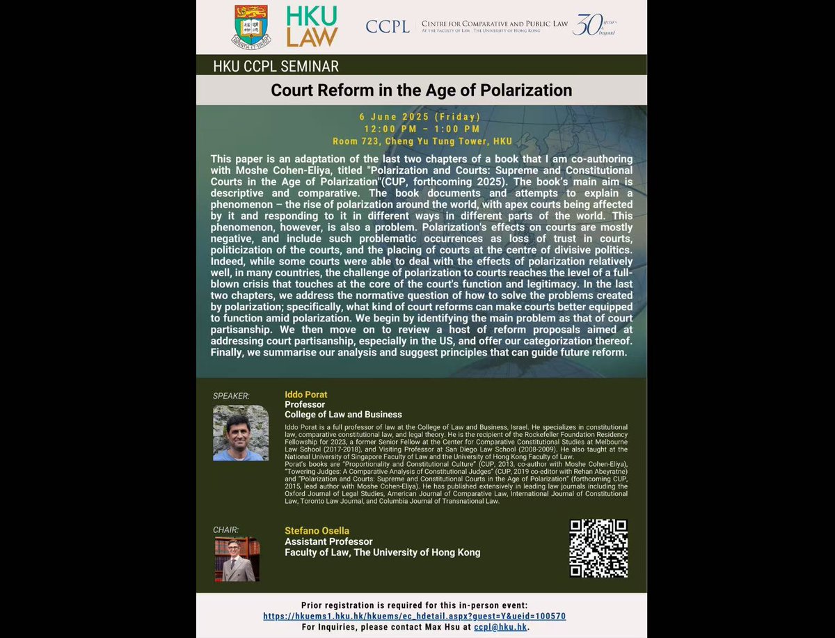 Centre for Comparative and Public Law at HKU (@ccpl_hkulaw) on Twitter photo 📢 Join June 6 (Fri.) <a href="/CCPL_HKULaw/">Centre for Comparative and Public Law at HKU</a> seminar on "Court Reform in the Age of Polarization" by Prof. Iddo Porat at College of Law and Business, exploring what kind of court reforms can make courts better equipped to function amid polarization. Register here: hkuems1.hku.hk/hkuems/ec_hdet… 📢 Join June 6 (Fri.) <a href="/CCPL_HKULaw/">Centre for Comparative and Public Law at HKU</a> seminar on "Court Reform in the Age of Polarization" by Prof. Iddo Porat at College of Law and Business, exploring what kind of court reforms can make courts better equipped to function amid polarization. Register here: hkuems1.hku.hk/hkuems/ec_hdet…