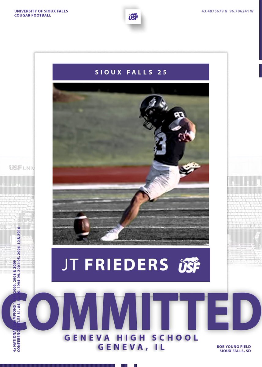 JT Frieders (@jtfri) on Twitter photo I’m blessed to announce I am committed to University of Sioux Falls. Thank you to everyone who has helped along this journey. Specials thanks to <a href="/JimGlogowski/">Coach Glo</a> <a href="/CoachJ_USF/">Alex Johnson</a> and the rest of the staff.
<a href="/USFCougarsFB/">USF Football</a> <a href="/_Coach_McCall/">Andre McCall</a> <a href="/jakob_thut/">Coach Thut</a> <a href="/Dupage_Football/">College of DuPage Football</a> <a href="/CNendick25/">Chris Nendick</a> <a href="/jrniklos/">J.R. Niklos</a> I’m blessed to announce I am committed to University of Sioux Falls. Thank you to everyone who has helped along this journey. Specials thanks to <a href="/JimGlogowski/">Coach Glo</a> <a href="/CoachJ_USF/">Alex Johnson</a> and the rest of the staff.
<a href="/USFCougarsFB/">USF Football</a> <a href="/_Coach_McCall/">Andre McCall</a> <a href="/jakob_thut/">Coach Thut</a> <a href="/Dupage_Football/">College of DuPage Football</a> <a href="/CNendick25/">Chris Nendick</a> <a href="/jrniklos/">J.R. Niklos</a>