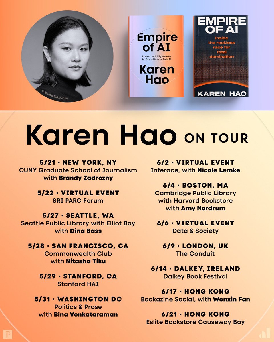 I just finished <a href="/_KarenHao/">Karen Hao</a> book  &amp; it’s incredible. A reporting triumph. How company books should be done. Even if you really know OpenAI, it’s still riveting. Smooth, gripping, with many new, rich, telling details. 

San Francisco, come see me interview her Wed 5/28 @