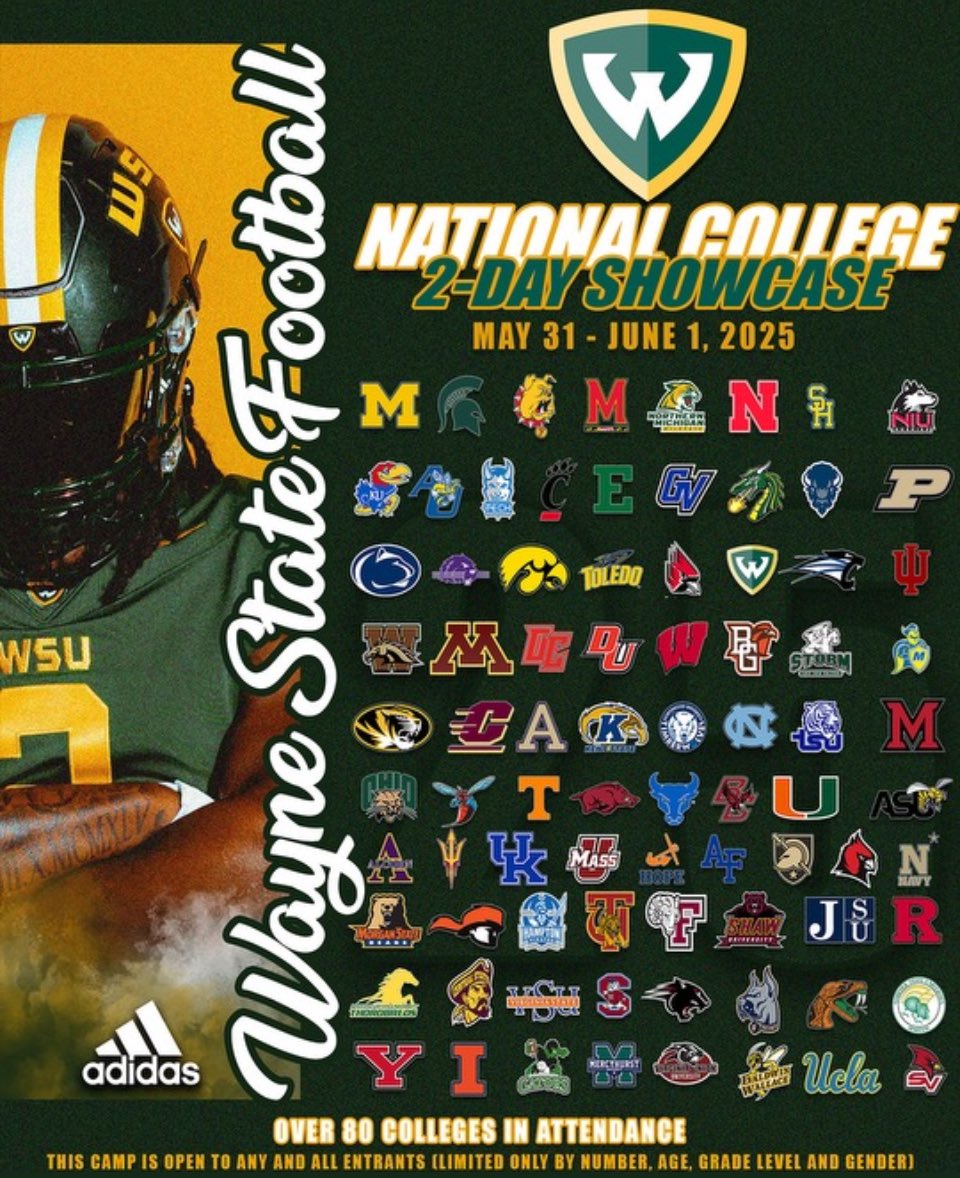 Terrancesh70014's tweet image. I am very excited to be attending the @waynestate national College Showcase @CoachOYoung @CoachEJbarthel @Coach_AlfordUM @CoachConard @CoachSwaba @KbTheStable @CoachJ_Everett @MarcSutherland_ @smsbacademy @CoachBlackwell_