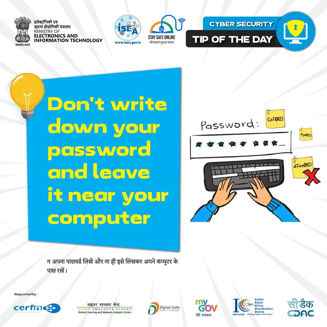 SSOIndia's tweet image. #Tipoftheday
🔐 A sticky note isn’t a vault. Protect your password the smart way! 💡💻

#OnlineSecurity #PasswordProtection #ThinkCyberSmart #CyberAwareness #DigitalSafety #ProtectYourData #CyberTips #StaySecure #InfoSecurity #SafeOnline #SmartTechMoves #SecurityMatters…