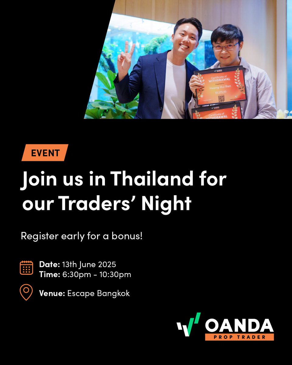 Mark your calendar for our Thailand Traders' Night! Get ready for an evening of competition, prizes, fun and networking!
 
Secure your FREE spot for 13 June. 

Register now for an early bonus bit.ly/3Fn6WVO

#PropTrading #SmarterTrading
#OANDAPropTrader