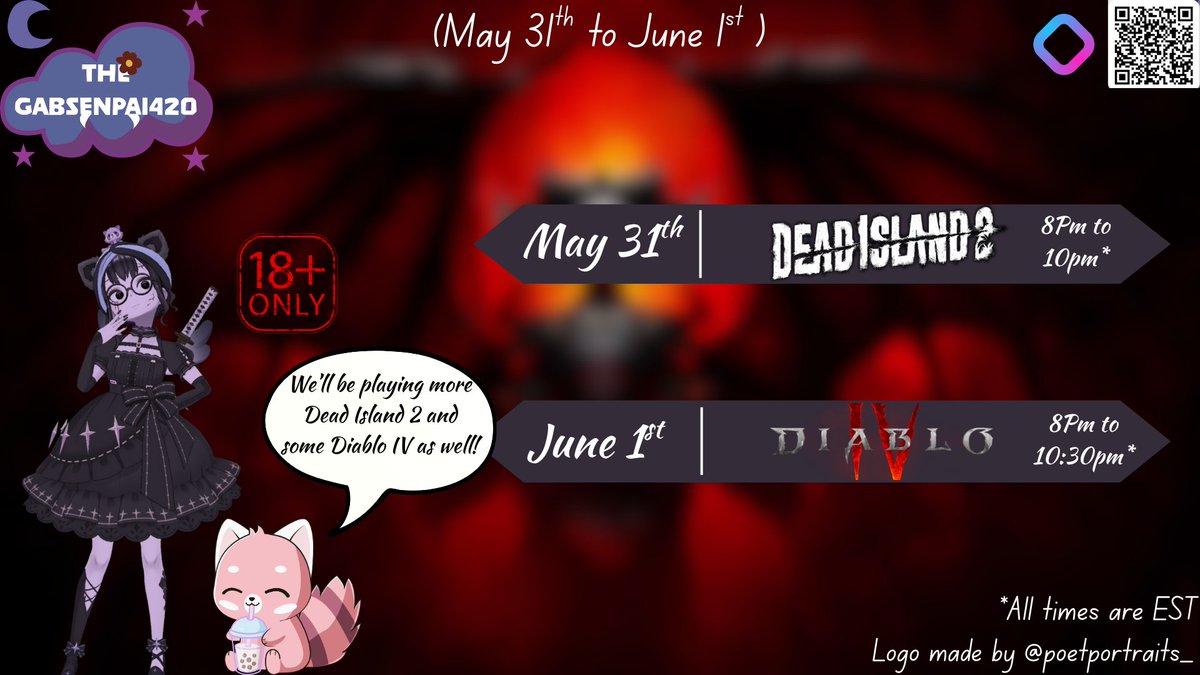 GabSenpai17's tweet photo. For all my 18+ Fellows! We have a charged schedule this weekend! We will be making progress on our One-Life Challenge character on @deadislandgame and we'll be playing a bit of Diablo IV as well cause why not! Hope to see you all there! #VtuberEN #VtuberUprisings #REALITYapp https://t.co/A3VElyxlcu