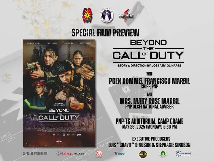 SPECIAL FILM PREVIEW | "BEYOND THE CALL OF DUTY"
📍 PNP-TS Auditorium, Camp Crame
🗓 May 26, 2025 | 5:30 PM

🎥 Catch "Beyond the Call of Duty" in cinemas nationwide starting June 4, 2025!

#MaxineTrinidad | @maxinetrinidad_