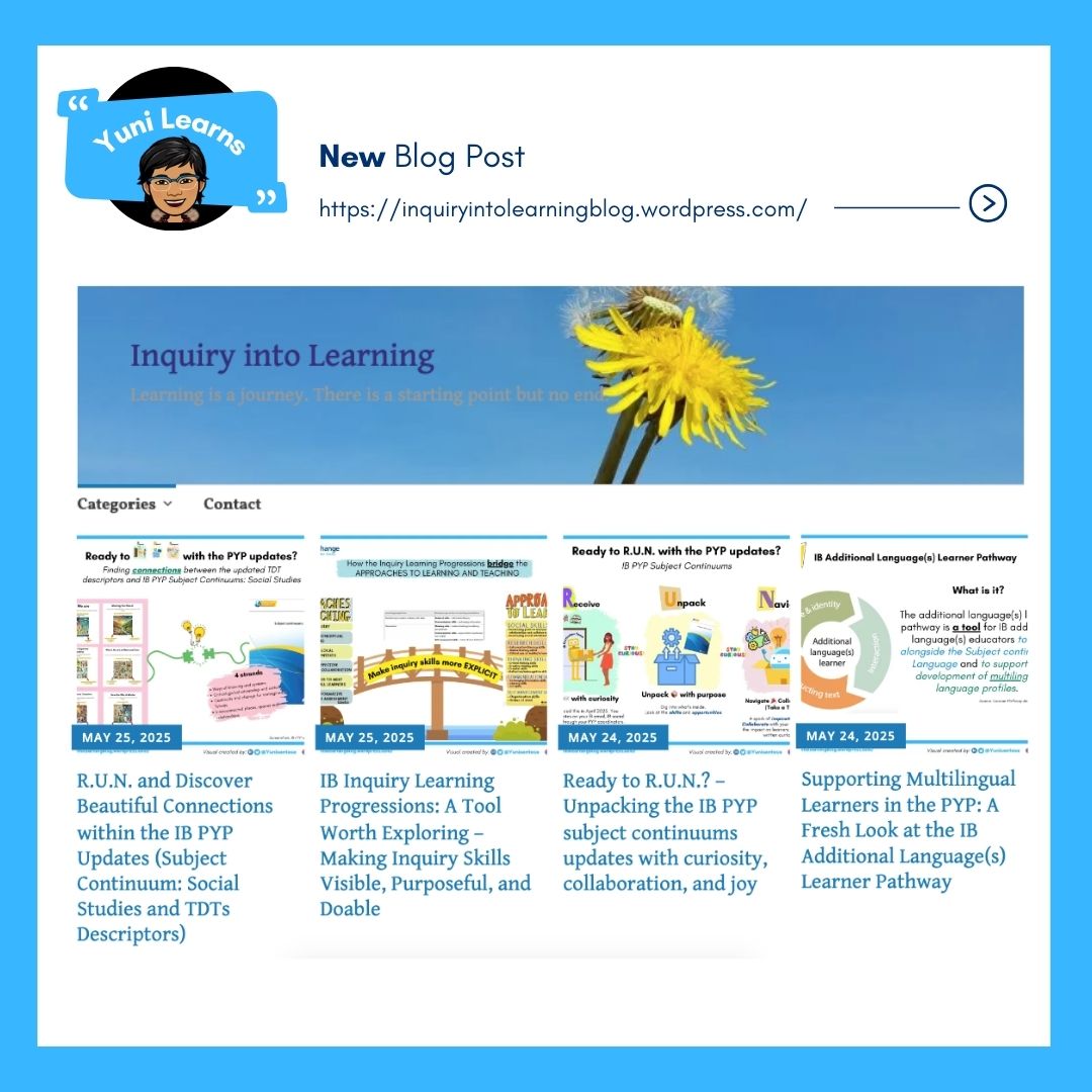 YuniSantosa's tweet image. 🌟 Curious about the PYP updates?
I’ve gathered my takeaways, reflections, and visuals all in one place ... my blog! 🌸

✨ Let’s wonder, connect, and grow—together.
🔗 Link: inquiryintolearningblog.wordpress.com 

#IBPYP #IBPYPUpdates2025 #IBEducators  #pypchat