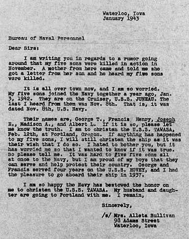 For Memorial Day:
A haunting letter written in 1942 to the Navy by a woman from my hometown, asking if her 5 sons were still alive. (They had died in the sinking of the USS Juneau on November 13 at Guadalcanal.) 
An unimaginable sacrifice.