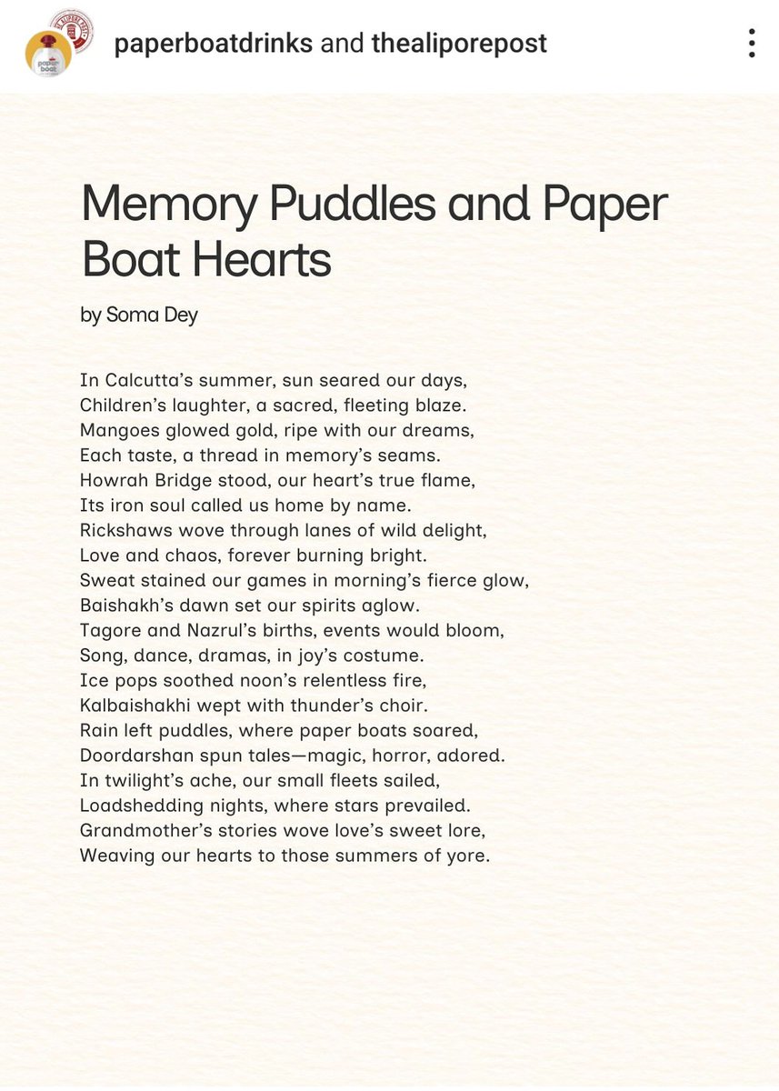 Wohoo...
My first poem in English language is published. 💃💃💃💃💃

Thank you <a href="/paperboatdrinks/">Paper Boat</a> <a href="/AliporeThe/">The Alipore Post</a>. It was a rare n cherished chance to stretch my literary muscles through poetry.
It was exhilarating n also incredibly soothing, stirring up a beautiful sense of nostalgia