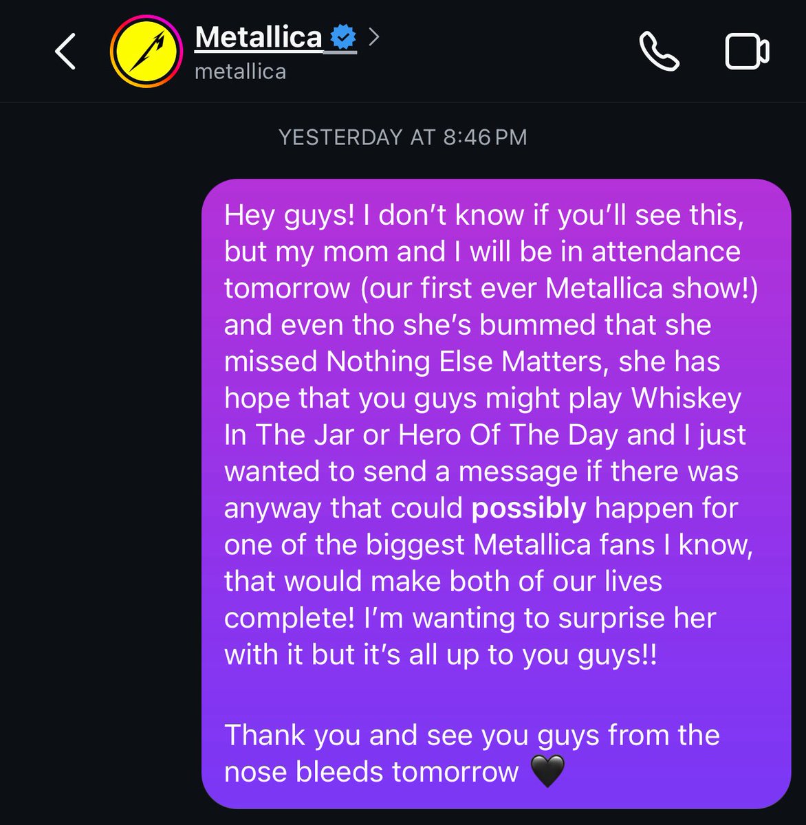 SICK0FMARSH's tweet photo. THANK YOU METALLICA 😭🥹
idk if you saw my message or if was pure coincidence, but literally tonight’s setlist was all my mom (and I!) had hoped for and more!
I was in shock & then started tearing up when I heard WITJ begin🥺🖤
@Metallica #M72Philly #M72Philadelphia 🤘⚡️ https://t.co/rqHctc9YMA