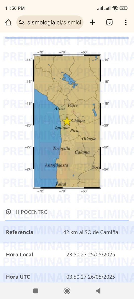 Hipocentro

Referencia42 km al SO de CamiñaHora Local23:50:27 25/05/2025Hora UTC03:50:27 26/05/2025Latitud-19.66Longitud-69.59Profundidad96 kmMagnitud5.6 ml