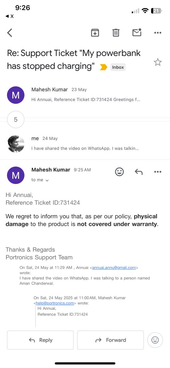 annu_ai's tweet photo. @Portronics A defective product that burnt itself 19 days after purchase and this is the support I get. I will never purchase a portronics product again! https://t.co/0hA0XKopaJ