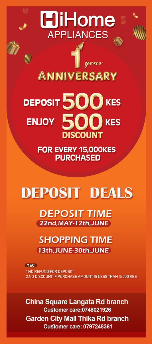 🎉 HiHome is celebrating 1 amazing year! 🎉
Join the celebration with our Anniversary Deposit Deal!
💥 Deposit Ksh 500 and enjoy Ksh 500 OFF for every Ksh 15,000 spent.

🗓️ Deposit Period: May 22 – June 12
🛍️ Shopping Period: June 13 – June 30

T&amp;Cs apply

#HiHomeAt1 #Anniversary