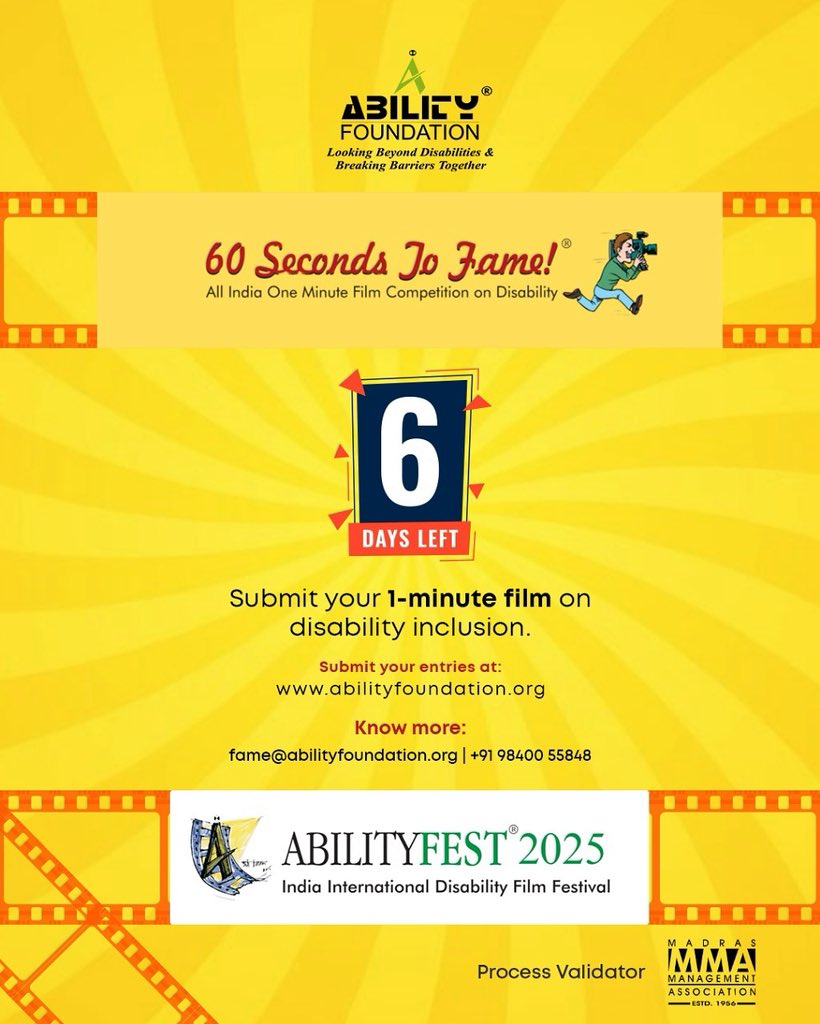 AbilityFoundation (@abilityfdn) on Twitter photo 6 More Days!
Tell a powerful story in just one minute. Participate in 60 Seconds to Fame! – the One Minute Film Competition by Ability Foundation.
Last date: 31 May 2025
Submit now: abilityfoundation.org
To Know More: +91 98400 55848
fame@abilityfoundation.org 6 More Days!
Tell a powerful story in just one minute. Participate in 60 Seconds to Fame! – the One Minute Film Competition by Ability Foundation.
Last date: 31 May 2025
Submit now: abilityfoundation.org
To Know More: +91 98400 55848
fame@abilityfoundation.org