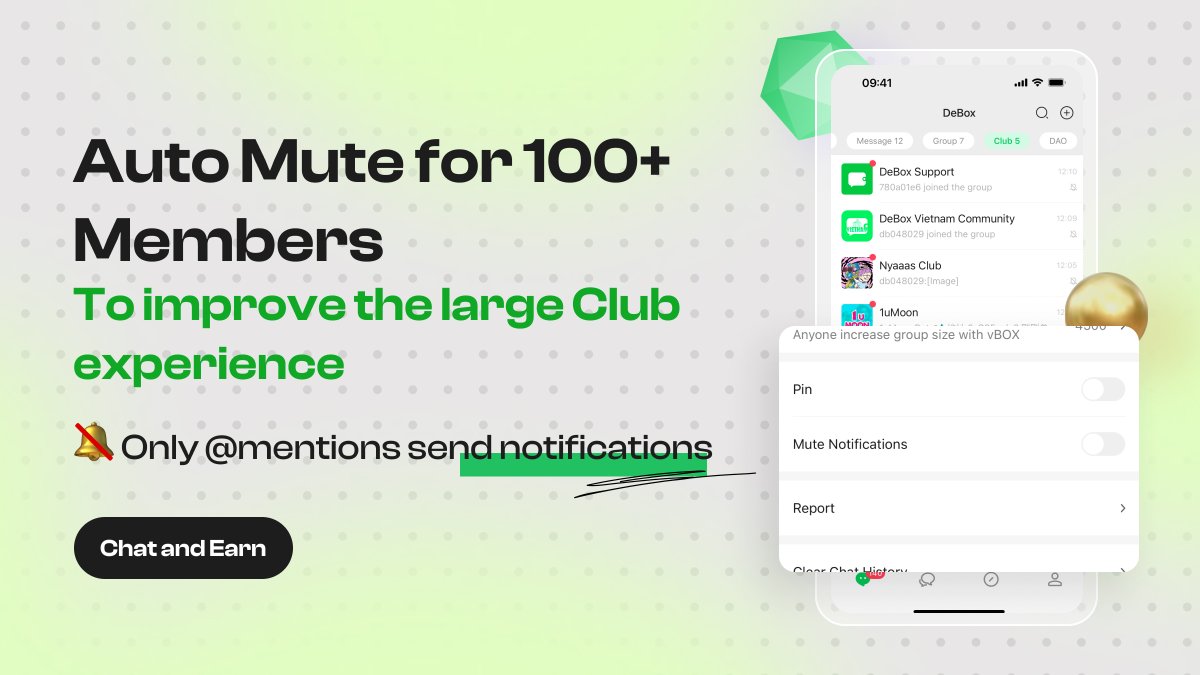 📢 New Feature Launched｜Auto Mute for 100+ Members 📴

To improve the large group experience, DeBox now supports:

💡 When a group has over 100 members, “Do Not Disturb Mode” is enabled by default
🔕 Mutes all non-@ messages to reduce notification spam
🛠 Users can manually turn