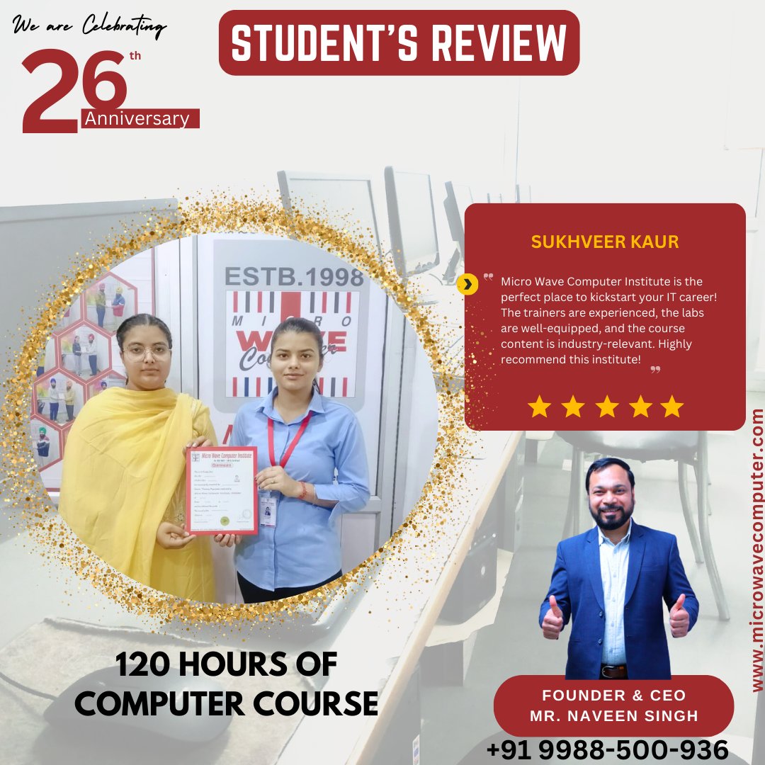 mwc_98's tweet image. 🏆 Congratulations, Sukhvir Kaur, on completing your 120-hour computer course!
💡 Your journey of growth and knowledge is commendable.

📲Call for more information- 99885- 00936
📌SCF-22, GTB Market, Khanna

#learncomputerskills #120hourscompleted  #microwavecomputer #khanna