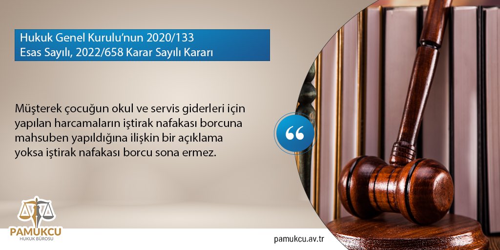 Hukuk Genel Kurulu'nun 2020/133 Esas Sayılı, 2022/658 Karar Sayılı Kararı 
Müşterek çocuğun okul ve servis giderleri için yapılan harcamaların iştirak nafakası borcuna mahsuben yapıldığına ilişkin bir açıklama yoksa iştirak nafakası borcu sona ermez.