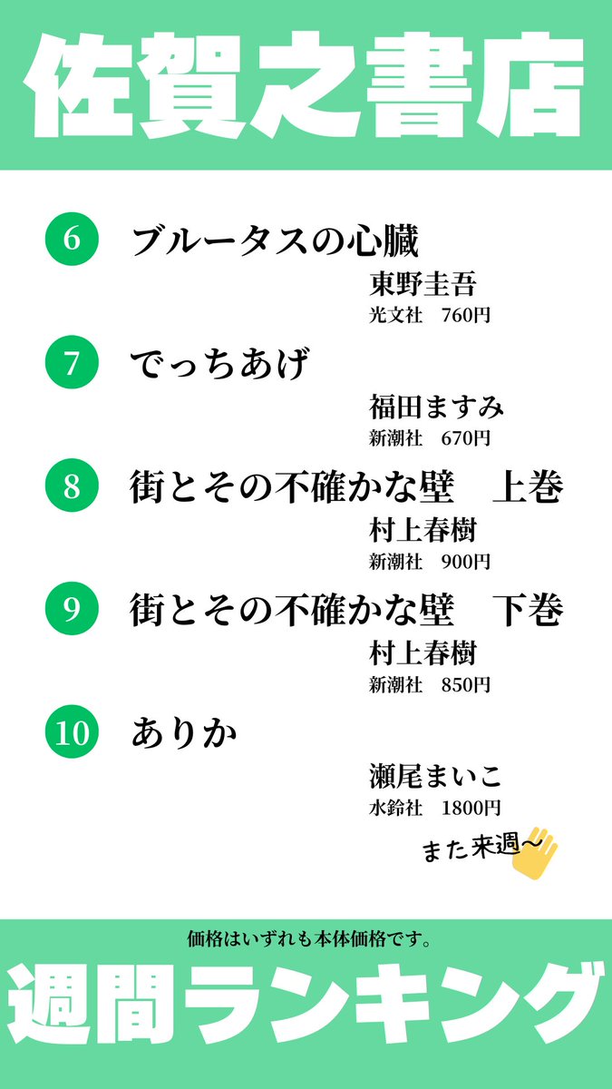 佐賀之書店
✨👑週間ランキング👑✨

先週のランキングを紹介します。
今村翔吾氏の文庫最新刊、#茜唄 がトップをキープ中。
そして売れ続けているのが、#一次元の挿し木 …！スタッフOが読んで絶賛してました。私も読もうかな～…👀
#佐賀之書店週間ランキング