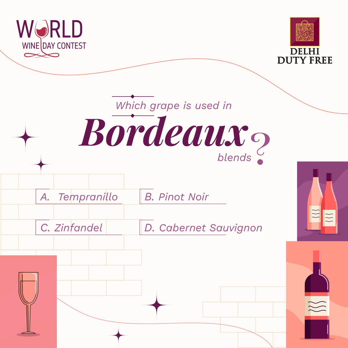 🍇 It’s the 5th day of the #WorldWineDayContest – and the excitement is still pouring in at Delhi Duty Free! 🥂✨
Be at the top of the league by answering right – just like you’ve done over the last 4 days! 🏆
Here’s how to participate and keep your winning streak alive:
✅ Like