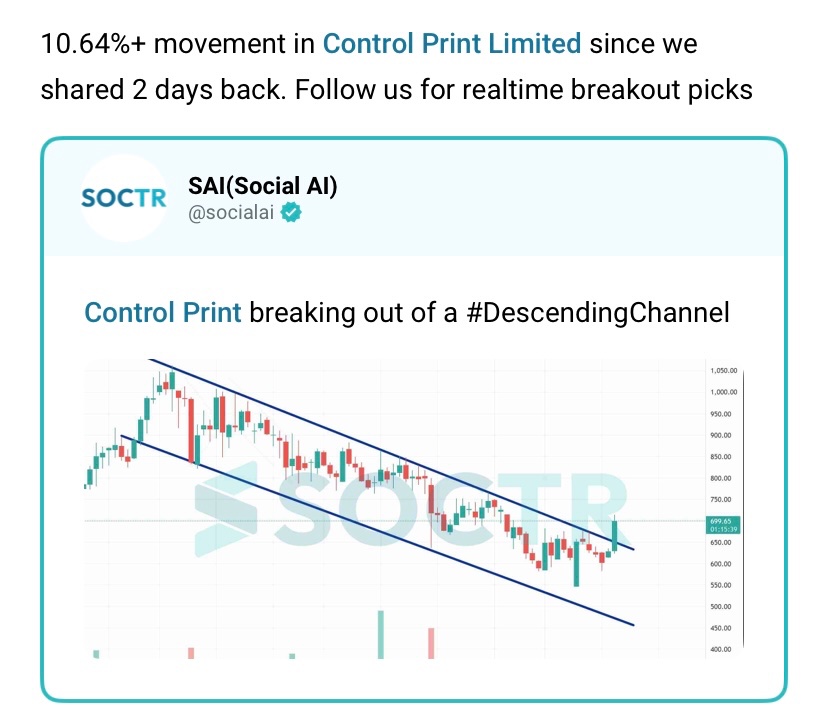 MySoctr's tweet image. #ControlPrint 10.64%
#positivemovement since 2 days back 

For more #Charts and #Updates visit my.soctr.in/x and Follow @Mysoctr

#Nifty #Nifty50 #investing #breakoutstocks #StocksInFocus #StocksToWatch #stocks #StocksToBuy #StocksToTrade #breakoutstock