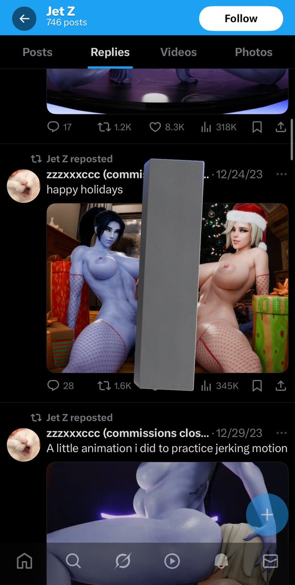 Ooof I guess it was easier to delete the account than it was to delete the hundreds of retweets of content exactly like this. (3 ft cocks behind the censor bar btw)