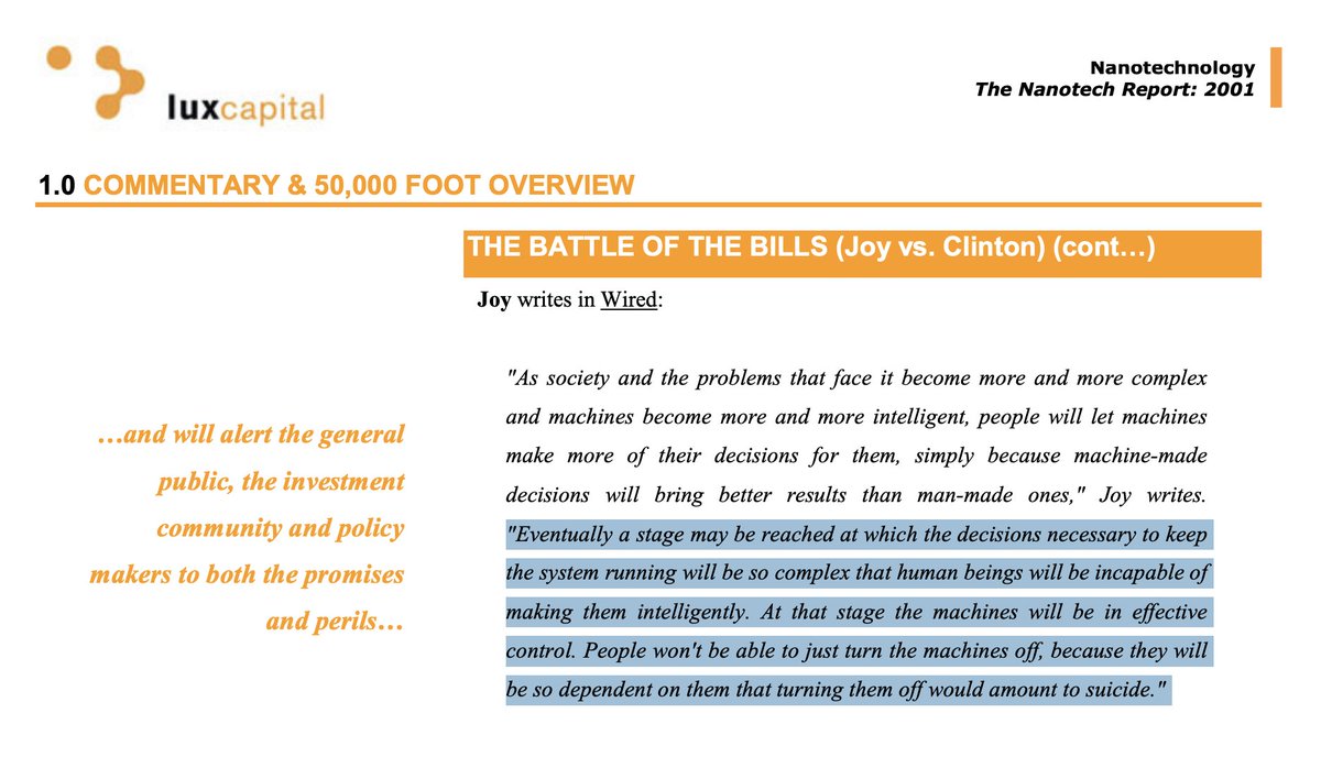 Allahyar Rehman (@rehmcap) on Twitter photo The more things change, the more they stay the same.
Doing some research and found the old Nanotech Report from <a href="/wolfejosh/">Josh Wolfe</a> published in 2001 - I'm sure if I told you this was about AI discourse today you would believe me The more things change, the more they stay the same.
Doing some research and found the old Nanotech Report from <a href="/wolfejosh/">Josh Wolfe</a> published in 2001 - I'm sure if I told you this was about AI discourse today you would believe me
