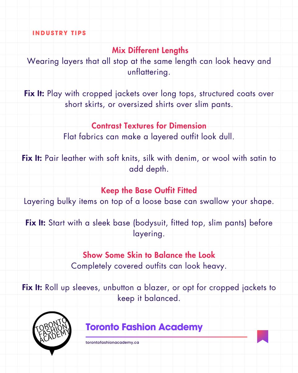 TFAOfficial's tweet image. Layering can elevate or overwhelm your look.

It’s all about proportion, texture, and balance — not just adding more pieces.

Comment “Layering Guide” on IG for a full step-by-step formula.

#StyleTips #LayeringGuide #FashionStyling #TFAExperience #TorontoFashionAcademy
